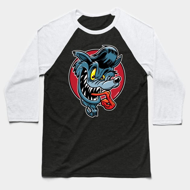 Vintage Cartoon Rock-A-Billy Greaser Wolf with pompadour Baseball T-Shirt by eShirtLabs